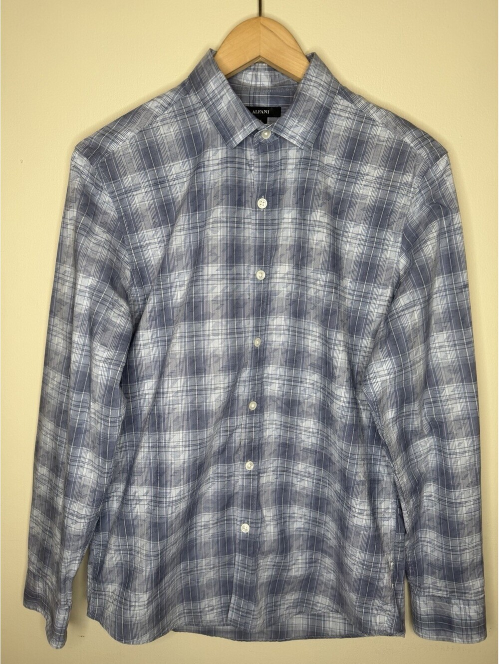 ALFANI Men's Blue Plaid Classic Fit Long Sleeve Button Front Shirt Sz S Cotton